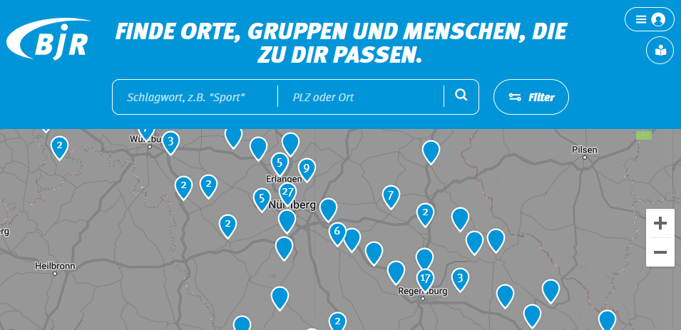 Die Projekt- und Gruppenlandkarte von "Dein-Irgendwo" zeigt Angebote Bayernweit.